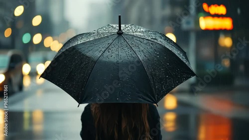 Rainy day in the city with a person holding a black umbrella while walking on a wet street at dusk