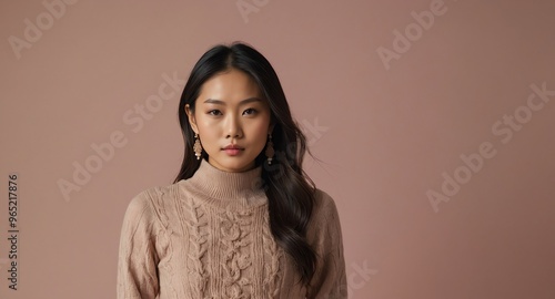 Serene Asian female model in beige knit dress on blush pink background