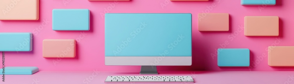 A modern computer setup against a vibrant pink wall with pastel blocks, creating a stylish and inviting workspace.