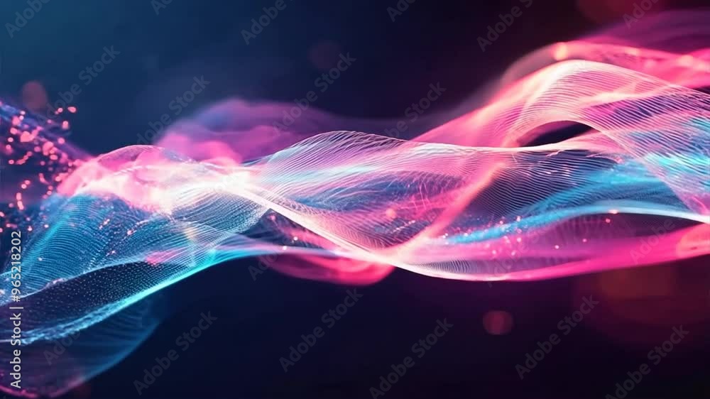 Abstract neon pink and blue light wave with sparkling particles on a dark background, perfect for futuristic and digital themes. Abstract neon pink and blue light wave with sparkling particles on a dark background, perfect for futuristic and digital themes.