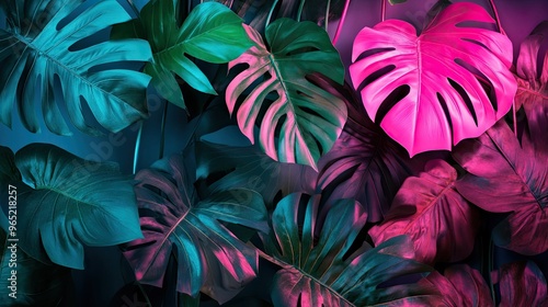 Wallpaper Mural Green and pink Neon Light with Tropical Leaves Torontodigital.ca