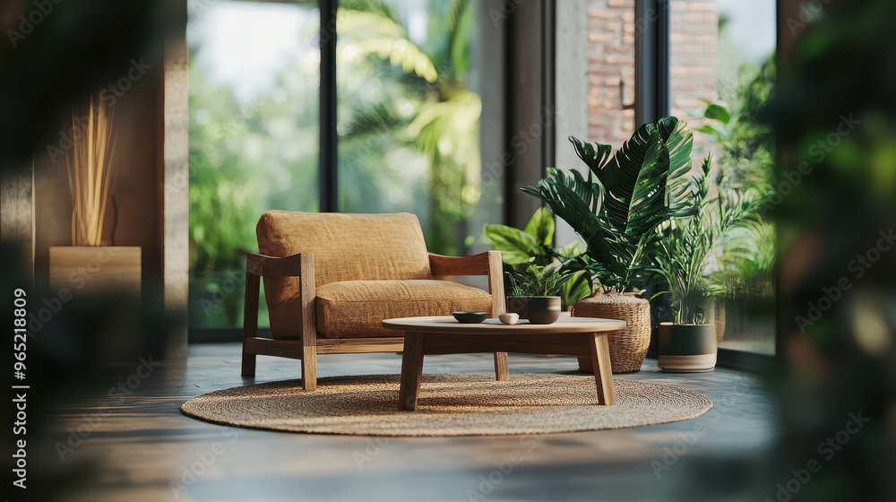 Fototapeta premium A cozy living space featuring sustainable wooden sofa, round coffee table, and lush green plants. natural light enhances serene atmosphere, perfect for relaxation