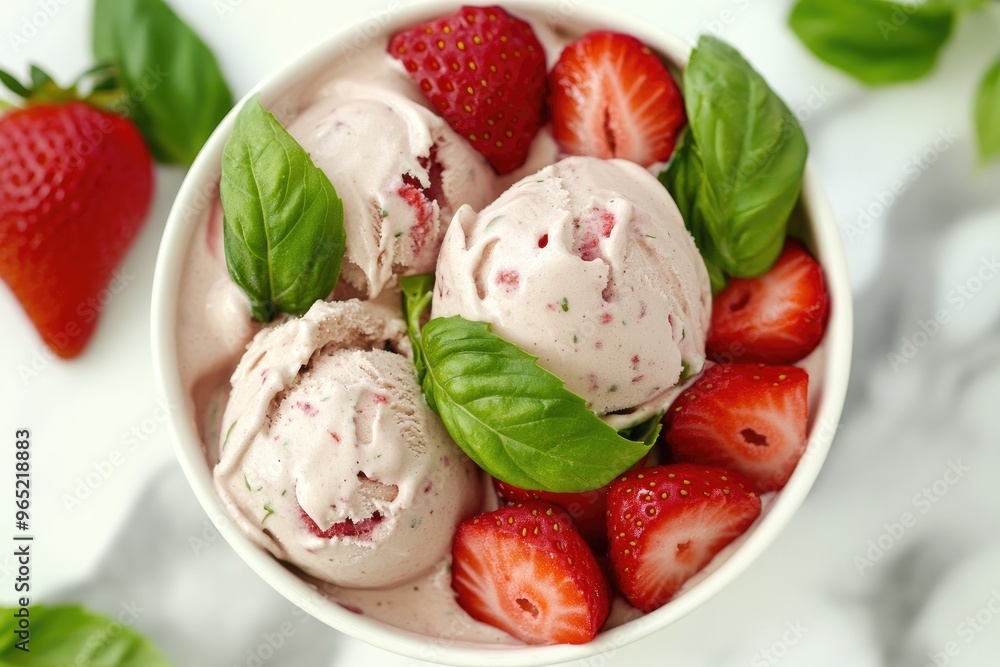 A bowl of creamy strawberry basil ice cream garnished with fresh basil leaves and sliced strawberries A bowl of creamy strawberry basil ice cream garnished with fresh basil leaves and sliced strawberries
