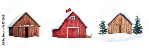 Charming rustic barns covered in snow, showcasing winter beauty and idyllic countryside vibes for seasonal themes.