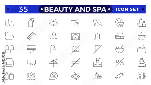 Beauty and Spa line icon set. Containing sauna, aromatherapy, treatment, yoga, skin care and wellness icons. Outline icons vector collection.