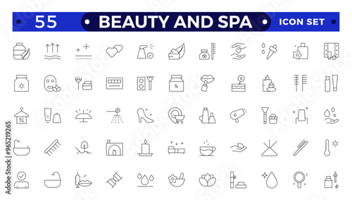 Beauty and Spa line icon set. Containing sauna, aromatherapy, treatment, yoga, skin care and wellness icons. Outline icons vector collection.