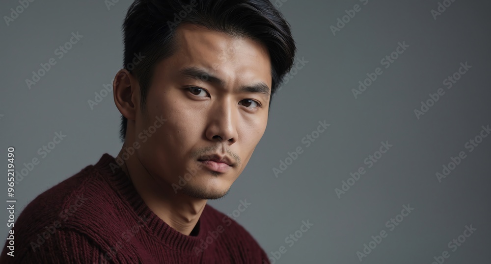Fototapeta premium Thoughtful Asian male model in burgundy sweater on light gray background