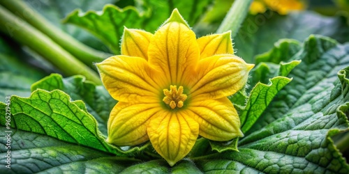 Vibrant yellow petals unfurl from the watermelon flower, exhibiting intricate details, a dainty marvel of nature's photo