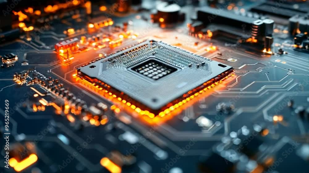 Close-up of a circuit board with glowing elements showcasing electronic components and intricate patterns for technology-themed designs.