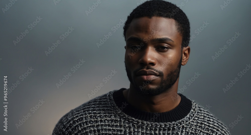 Obraz premium Thoughtful Black male model in black sweater on silver background