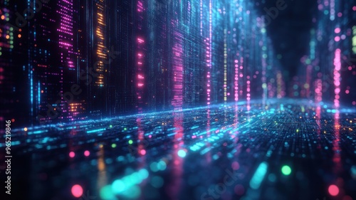 A vibrant digital landscape with glowing particles and reflections.