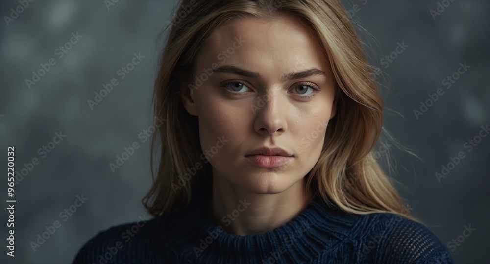 Thoughtful White female model in navy sweater on silver background Thoughtful White female model in navy sweater on silver background