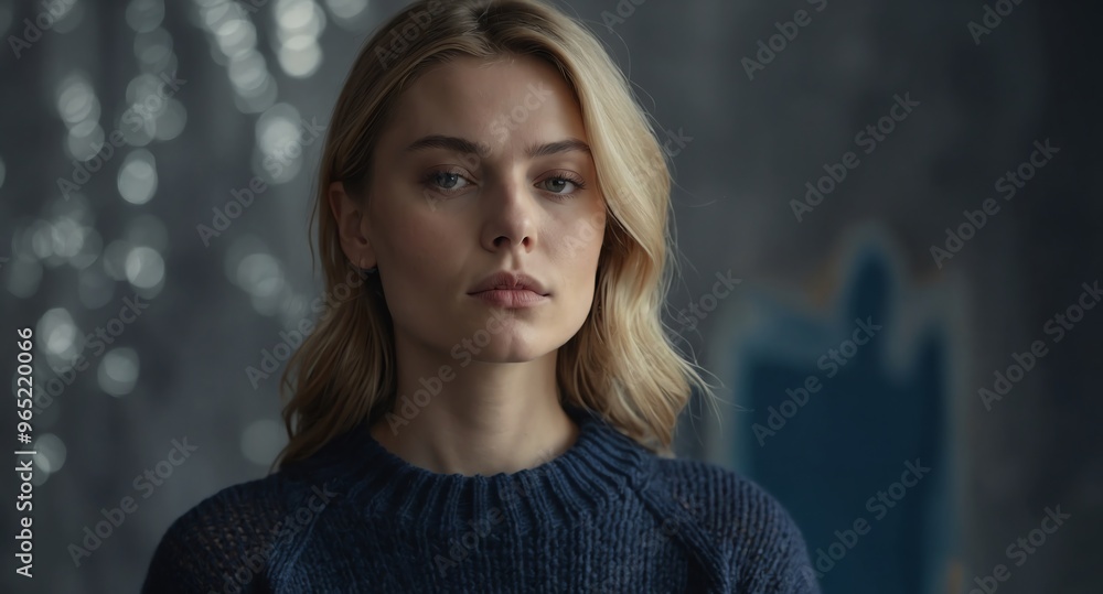 Thoughtful White female model in navy sweater on silver background Thoughtful White female model in navy sweater on silver background