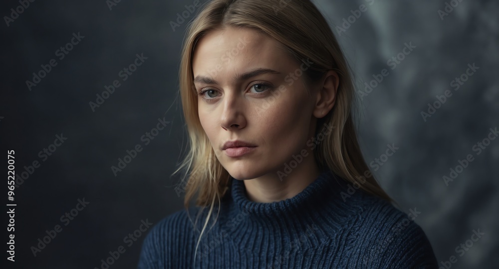 Thoughtful White female model in navy sweater on silver background Thoughtful White female model in navy sweater on silver background