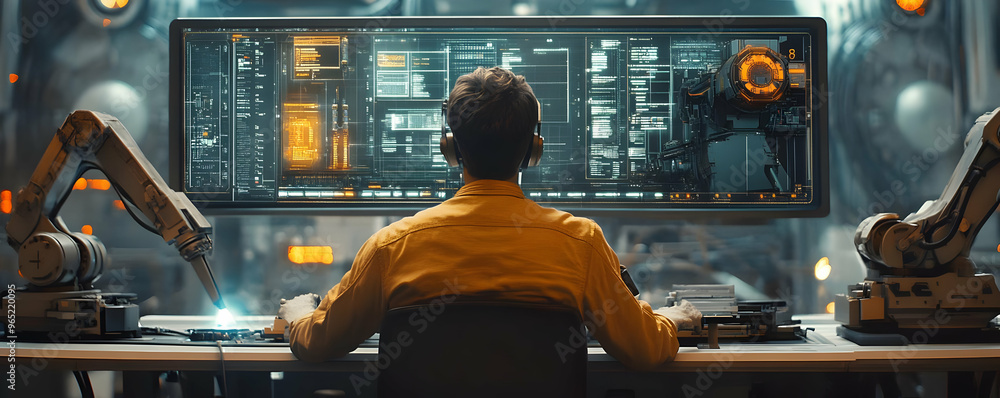 Realistic Image of Engineer Programming Robotics with Digital Interface and Futuristic Technology in Background Realistic Image of Engineer Programming Robotics with Digital Interface and Futuristic Technology in Background