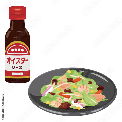 ボトル入りのオイスターソースと皿に盛られた野菜炒め