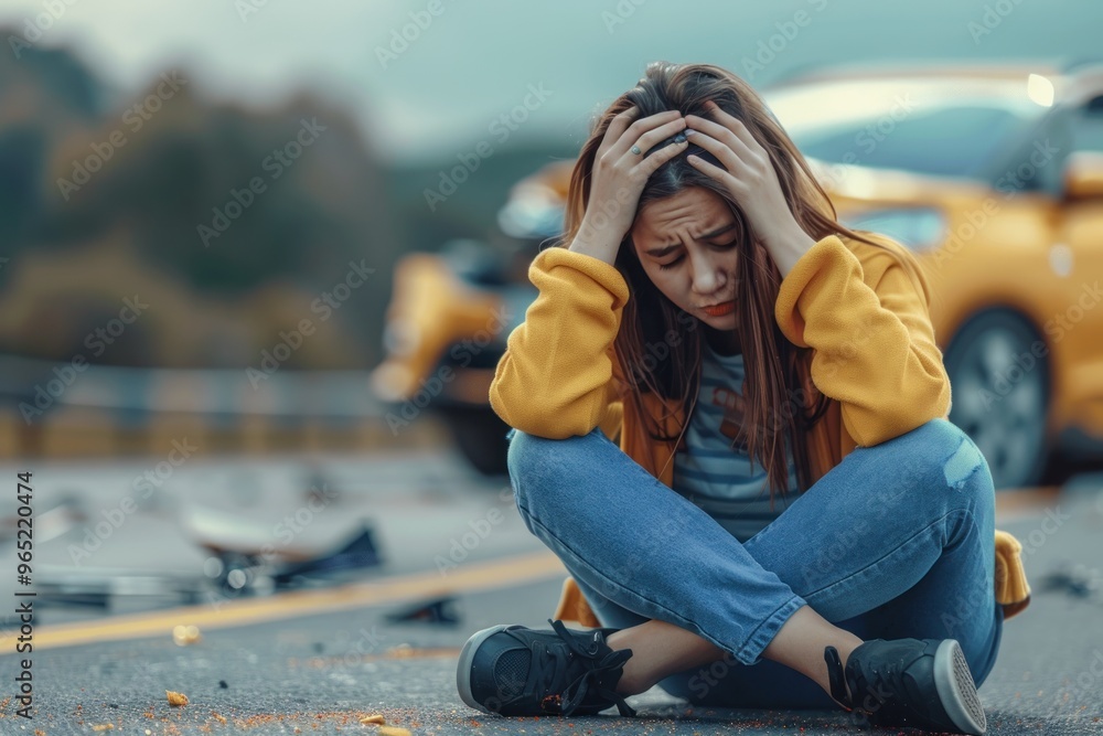 © Igor - a close up upset person sitting on the road against the background of her car, which was wrecked in an accident