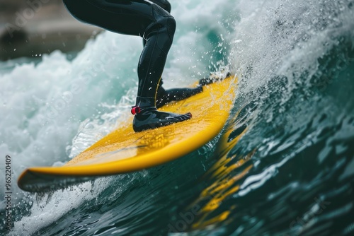 A Close up surfer is riding a wave on a yellow surfboard