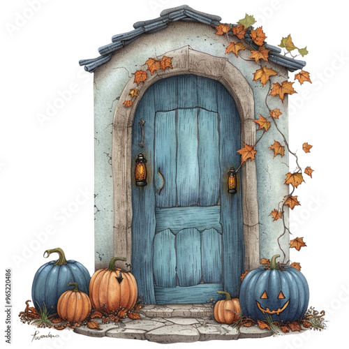 Halloween Doors with Pumpkins, , watercolor illustration, png  photo