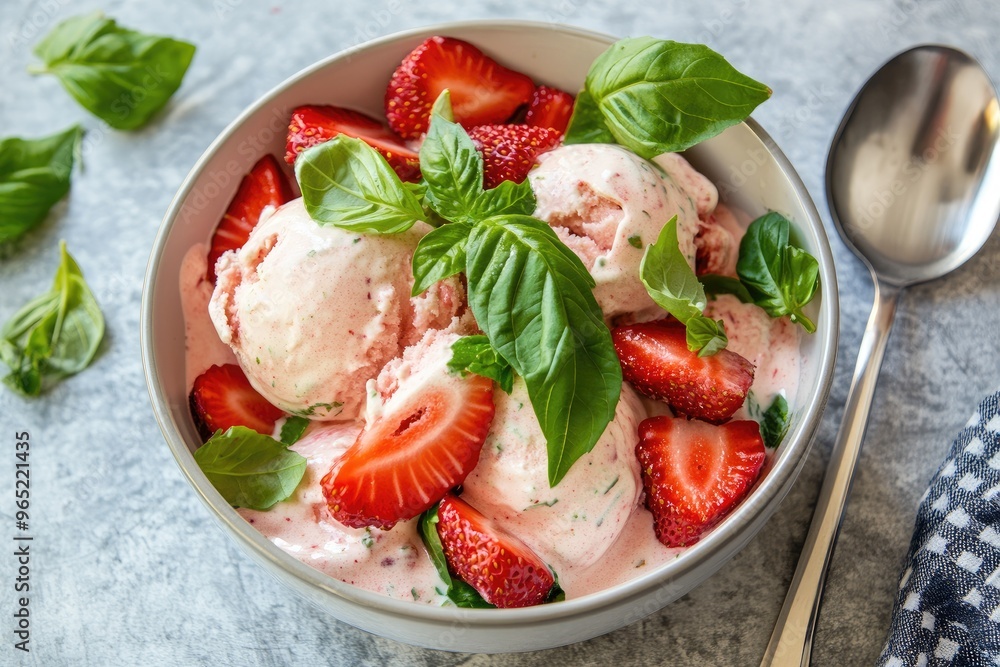 A bowl of creamy strawberry basil ice cream garnished with fresh basil leaves and sliced strawberries A bowl of creamy strawberry basil ice cream garnished with fresh basil leaves and sliced strawberries