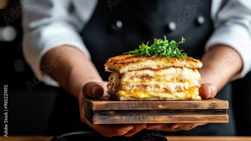 Someone holding a Francesinha, highlighting its layers of ingredients and gooey cheese up close.