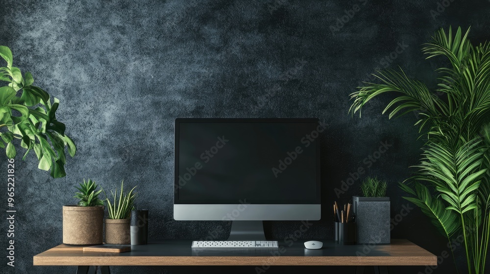 Modern home office interior with a computer on the desk a plant and a simple geometric background. 3D Rendering Modern home office interior with a computer on the desk a plant and a simple geometric background. 3D Rendering