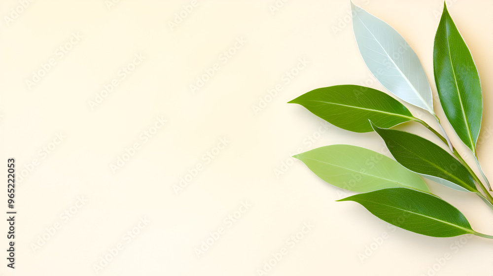 Fresh green leaves arranged on a soft beige background creating a calming and minimalist natural aesthetic Fresh green leaves arranged on a soft beige background creating a calming and minimalist natural aesthetic