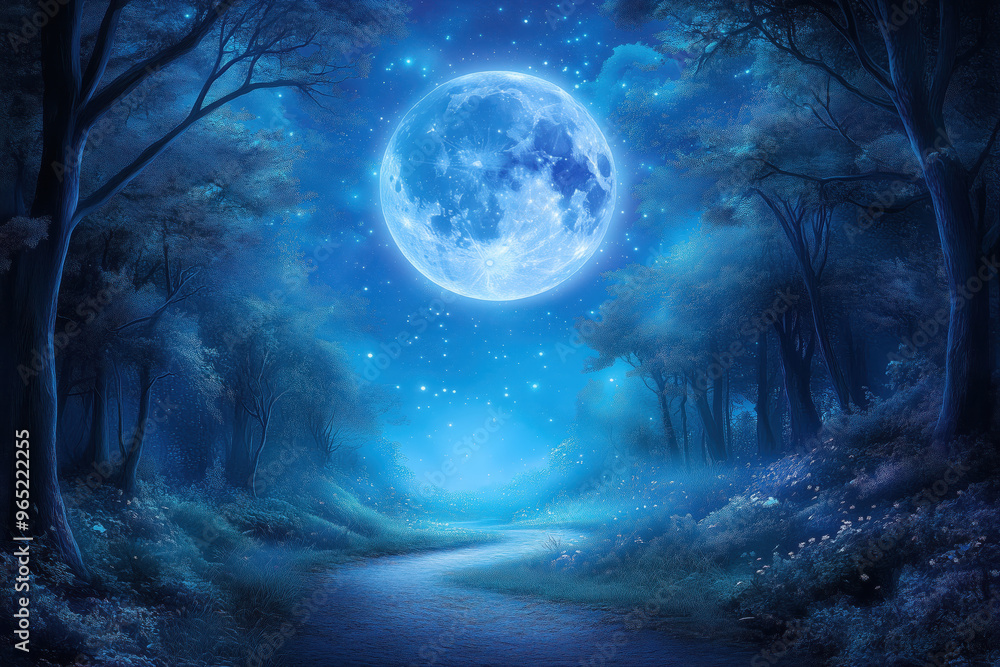 Moonlit Path to Enchantment: A winding path bathed in ethereal blue moonlight, leading through a captivating forest under a starry night sky. Moonlit Path to Enchantment: A winding path bathed in ethereal blue moonlight, leading through a captivating forest under a starry night sky.