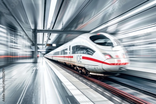 A high-speed train speeding through a modern railway station, blurred motion conveying its swift movement