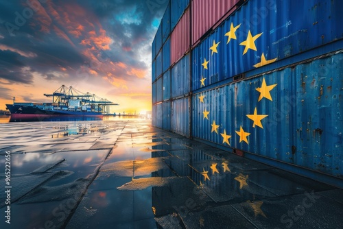 a large blue cargo shipping container with EU European Union flag in a port harbor at sunset or sunrise photo