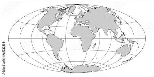 This vector representation displays the world map in Aitoff projection, showcasing continents, oceans, and geographical lines. The layout highlights the curved boundaries of landmass and water.