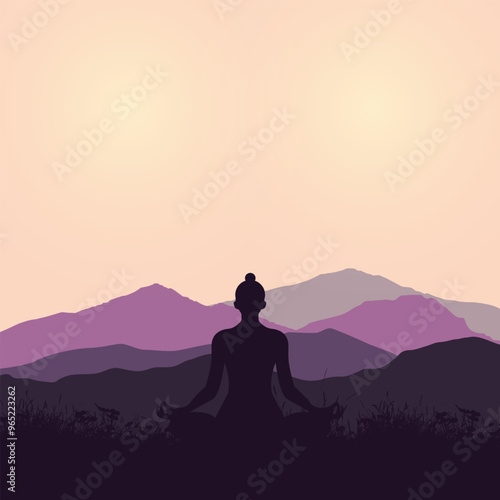 Calmness of mind meditation concept silhouette with mountain background. Meditating silhouette. Yoga illustration.