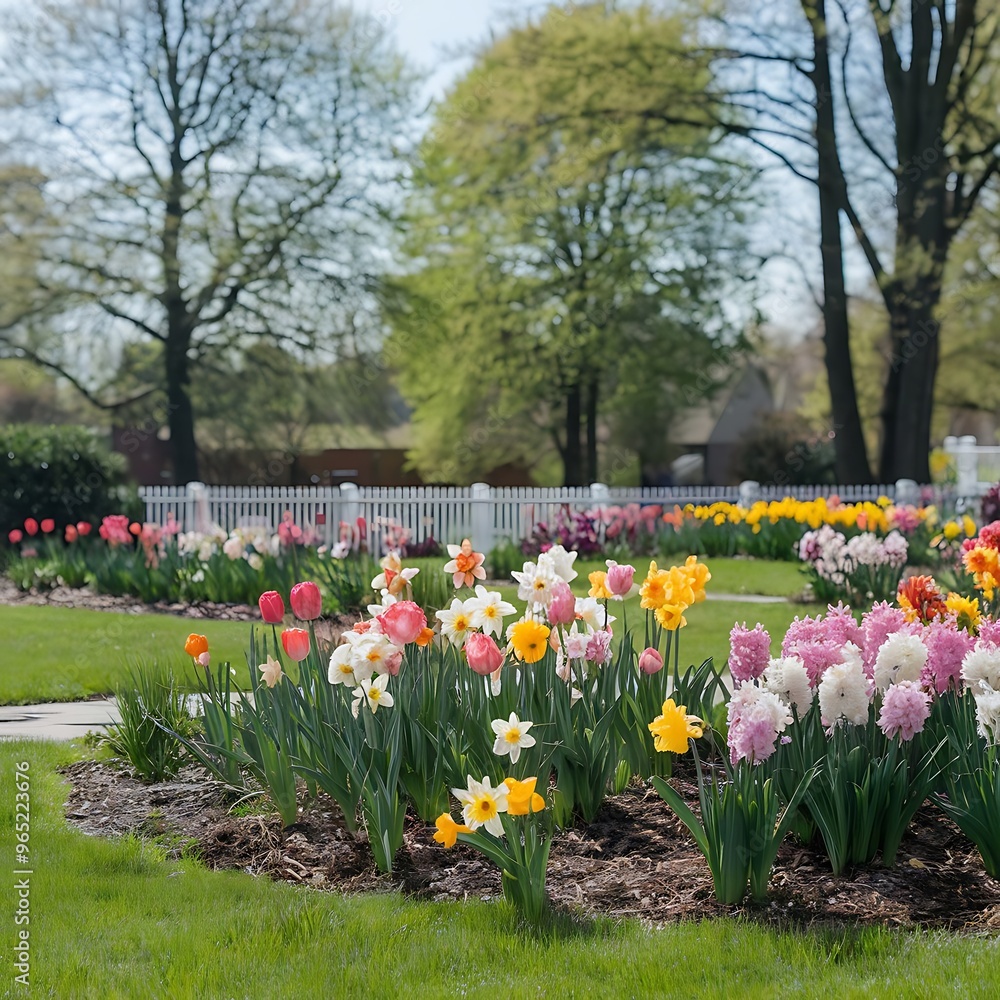 Fototapeta premium A well-maintained garden bursting with colorful flowers such as tulips, daffodils, and hyacinths in full bloom. The bright, cheerful colors pop against the lush green grass and clear blue sky.