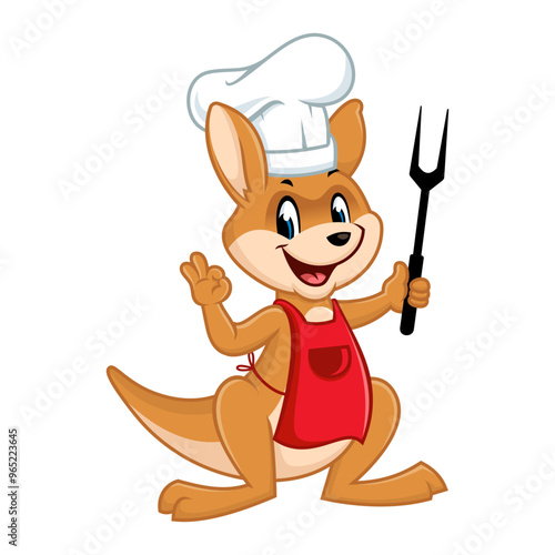 Cute cartoon kangaroo chef wearing a red apron and chef hat holding a barbecue fork.