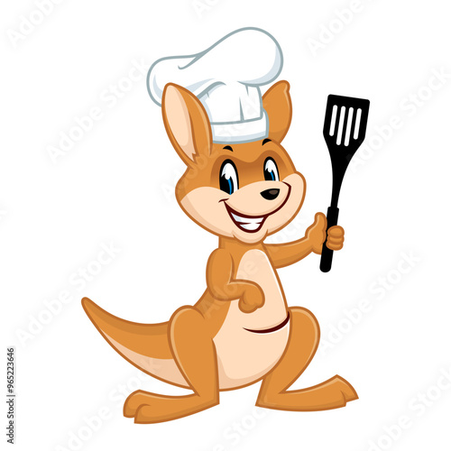 Cute cartoon kangaroo chef wearing a chef hat and holding a spatula.