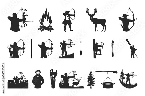 Bow Hunter Silhouette vector art svg, female archer bending a bow and aiming at the target,
