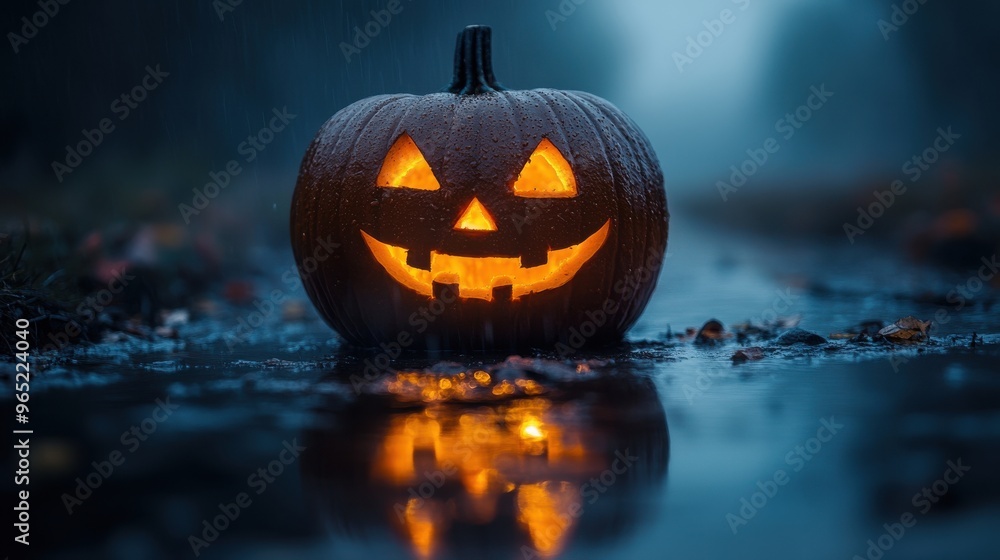 A close-up of a jack-o'-lantern with a mischievous grin, glowing in the dark A close-up of a jack-o'-lantern with a mischievous grin, glowing in the dark