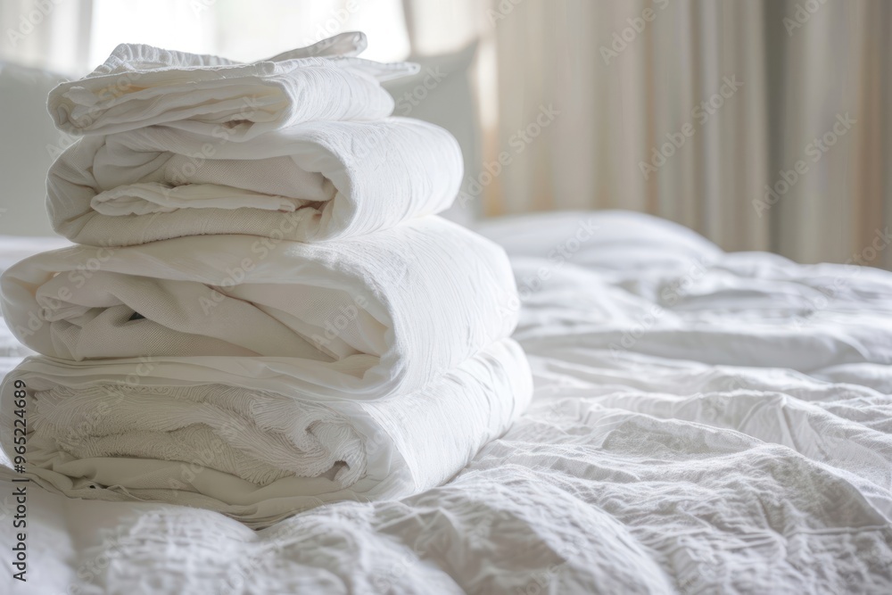 A stack of freshly ironed white linens on a clean white bed A stack of freshly ironed white linens on a clean white bed
