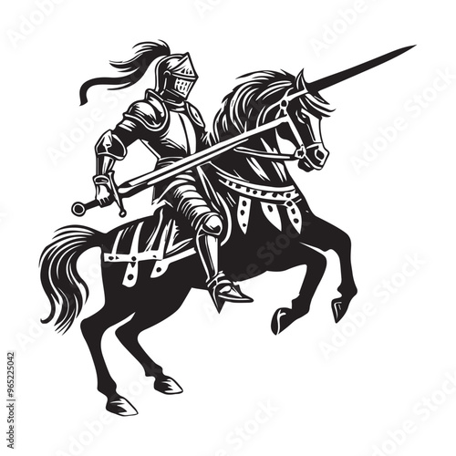 Medieval Knight on Horse Clipart Design - Knight on horse Vector illustration in black and white
