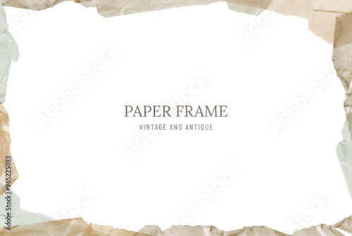 Decorative isolated frame made from scraps of old crumpled torn paper. Minimalist vintage background