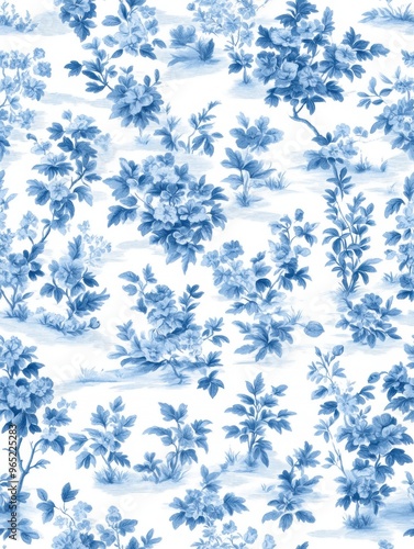 A seamless Toile De Jouy pattern in classic blue hues, featuring intricate pastoral landscapes