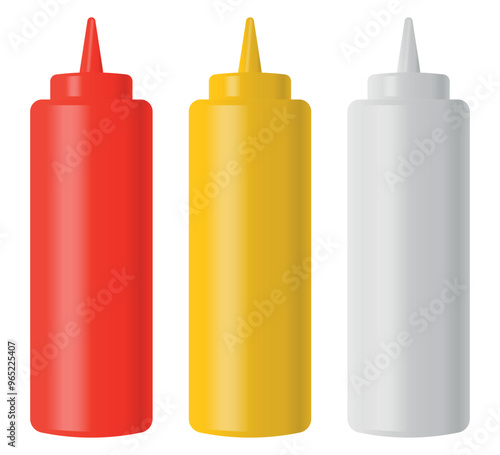 A collection of Condiment Bottles featuring Ketchup, Mustard, and Mayo for your meals