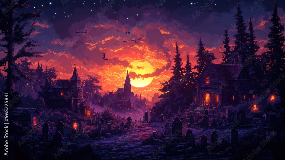 Naklejka premium A dark Halloween pattern with graveyard scenes and haunted houses, mysterious and eerie
