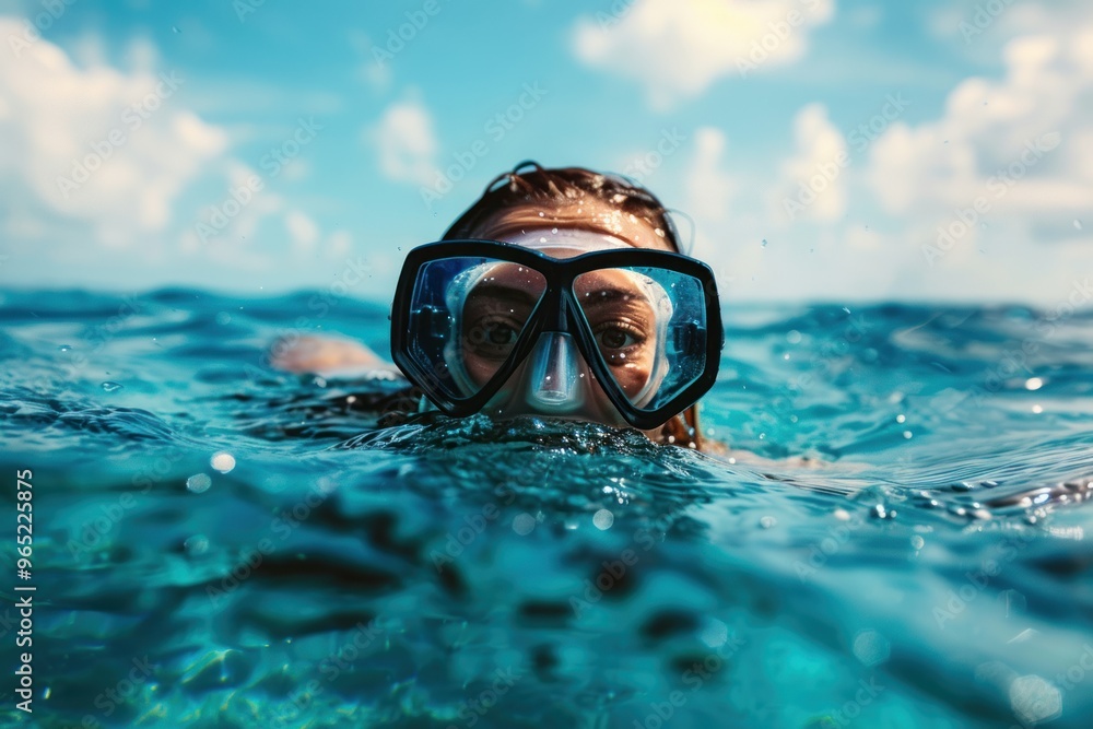 A woman is swimming in the ocean wearing a snorkel and goggles A woman is swimming in the ocean wearing a snorkel and goggles