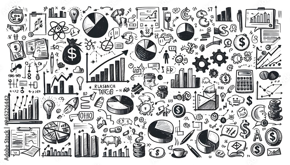 Fototapeta premium Hand-drawn financial and business icons, like graphs, pie charts, and currency symbols, scattered on a white background. Concept of business strategy and planning