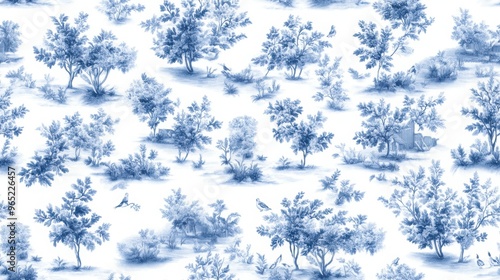 A seamless Toile De Jouy pattern in classic blue hues, featuring intricate pastoral landscapes