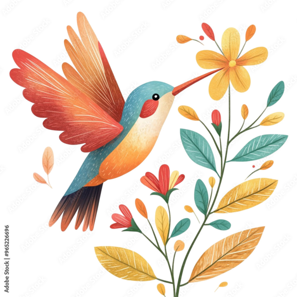 Fototapeta premium Autumn bird pecking on a flower, watercolor illustration, png