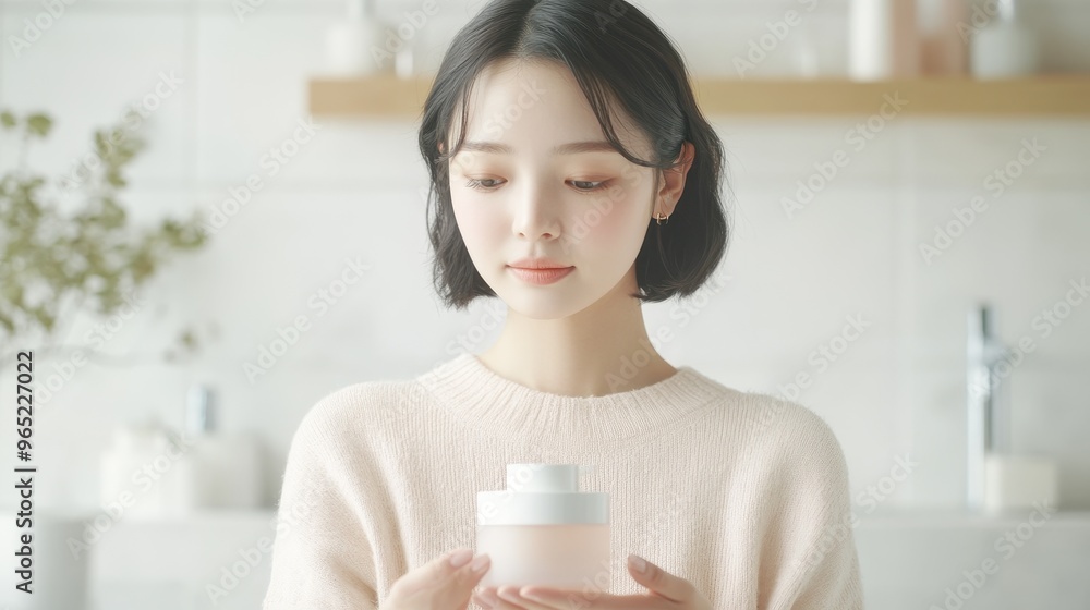 Embracing Self-Care: East Asian Woman Demonstrating Skincare Routine in Modern Minimalist Bathroom Embracing Self-Care: East Asian Woman Demonstrating Skincare Routine in Modern Minimalist Bathroom