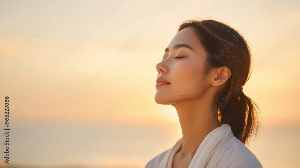 Profile view of a Southeast Asian model woman practicing breathing exercises, capturing the simplicity and power of mindful breathing (selective focus, theme: breathwork) on a beach at dawn Profile view of a Southeast Asian model woman practicing breathing exercises, capturing the simplicity and power of mindful breathing (selective focus, theme: breathwork) on a beach at dawn