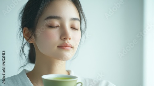 Wallpaper Mural Serene East Asian Woman Practicing Tea Meditation with Green Tea in Minimalist Setting Torontodigital.ca